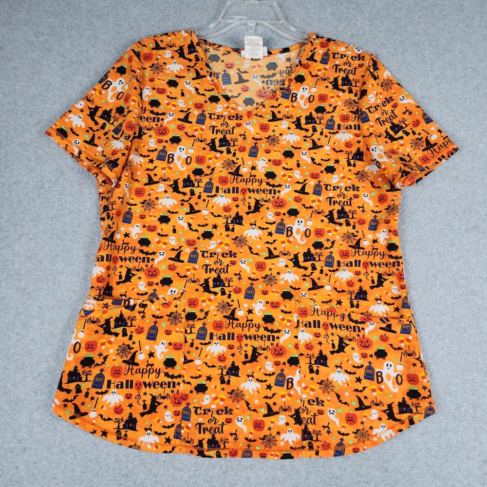 Scrubstar Scrub Top Womens Medium Orange Happy Halloween Print V-Neck Stretch